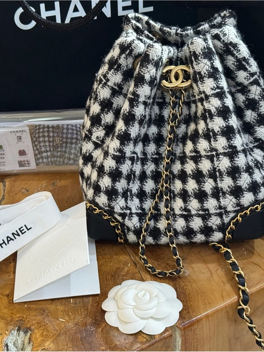 CHANEL Black & White Houndstooth Tweed Drawstring Bucket Bag 2022